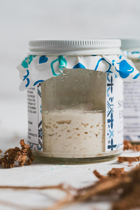 Close-up of a jar of gluten-free sourdough starter, showing the starter inside.