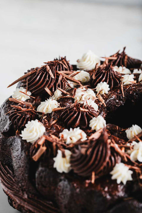 Close-up of a cocoa bean bundt cake decorated with chocolate and vanilla frosting swirls and chocolate shavings.
