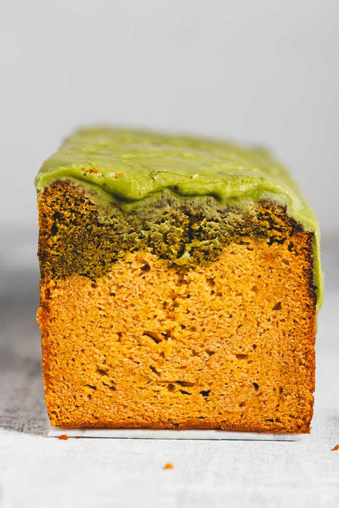 lemon matcha loaf with matcha glaze