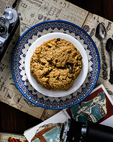 Vegan & Gluten-Free Apple Oatmeal Cookie on White and Blue Plate