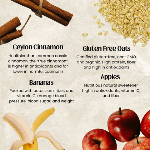 Health benefits of Ceylon cinnamon, gluten-free oats, bananas, and apples on a textured background.