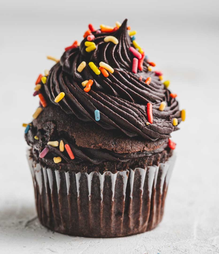 A close up of a chocolate cupcake with chocolate icing and rainbow sprinkles