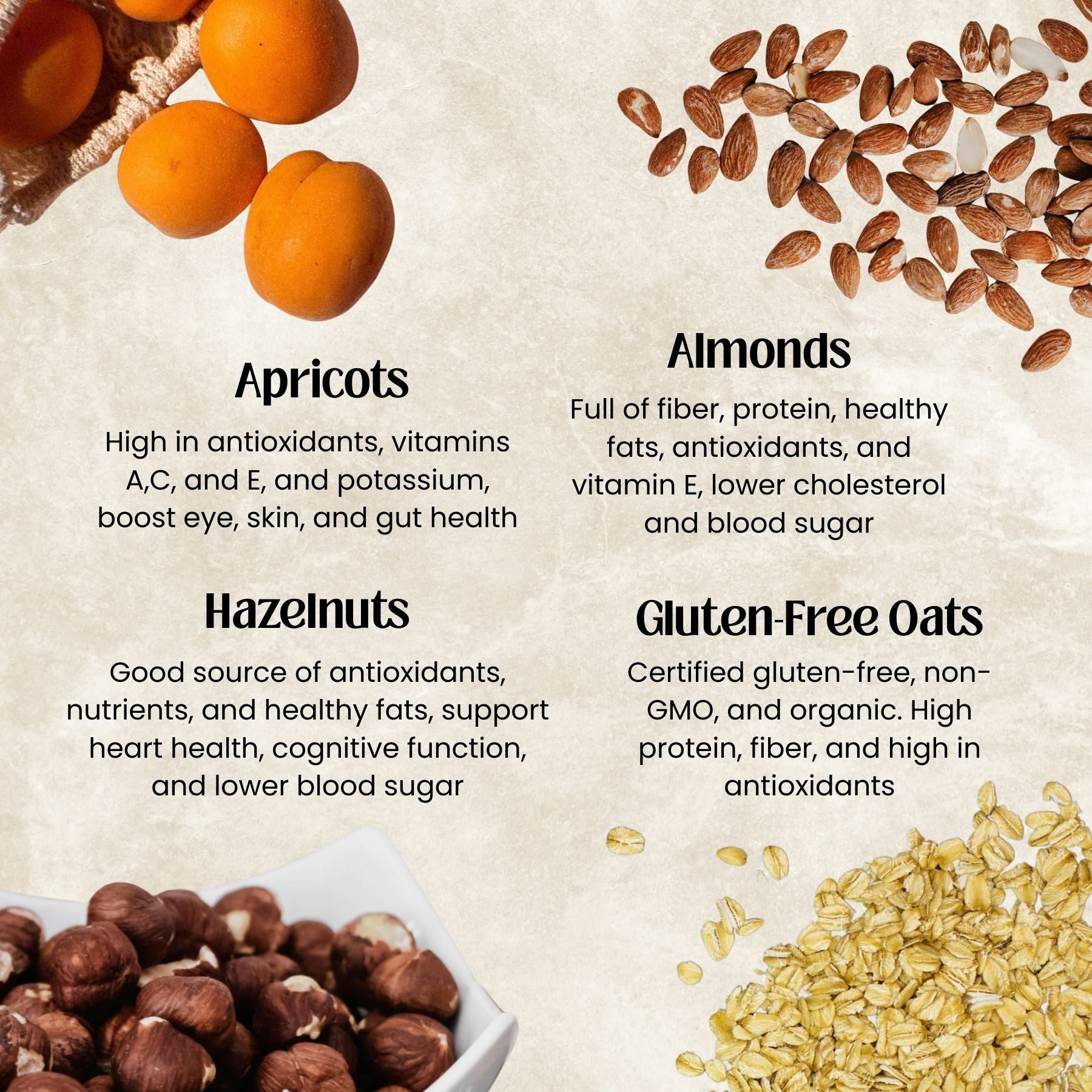 Apricots, almonds, hazelnuts, and gluten-free oats with health benefits text on a beige background