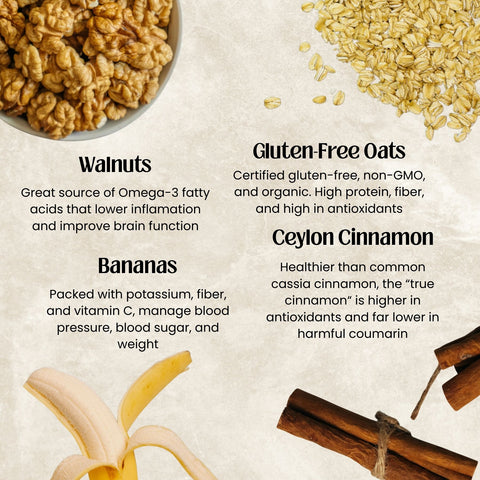 Nuts, oats, bananas, and ceylon cinnamon with health benefits text on a beige background