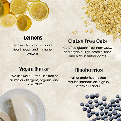 Lemons, gluten-free oats, vegan butter, and blueberries on a textured surface with text describing their health benefits.
