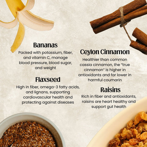 bananas, ceylon cinnamon, flaxseed, and raisins with health benefits text on a beige background