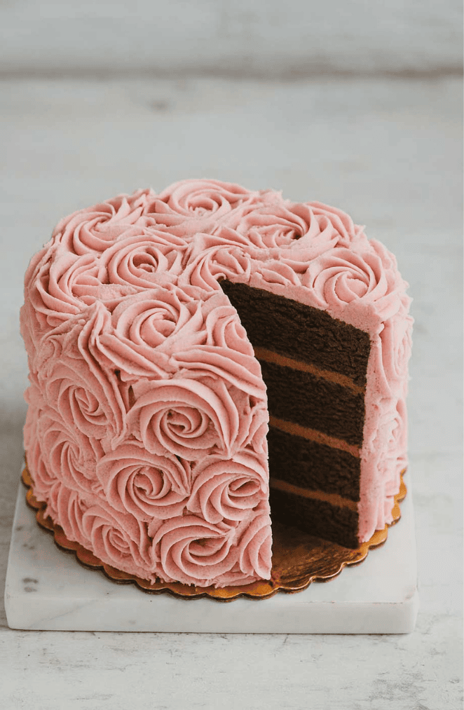 chocolate cake with pink frosting in a flower design with a slice cut out