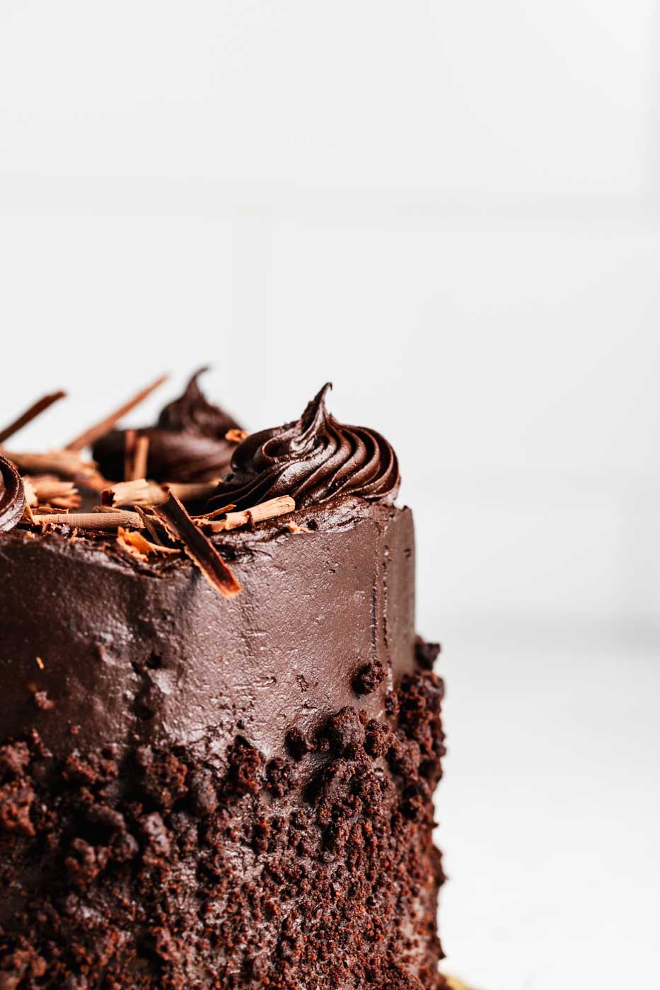 close up of chocolate fudge cake with rich chocolate frosting rolled in chocolate crumbs with chocolate shaving garnish