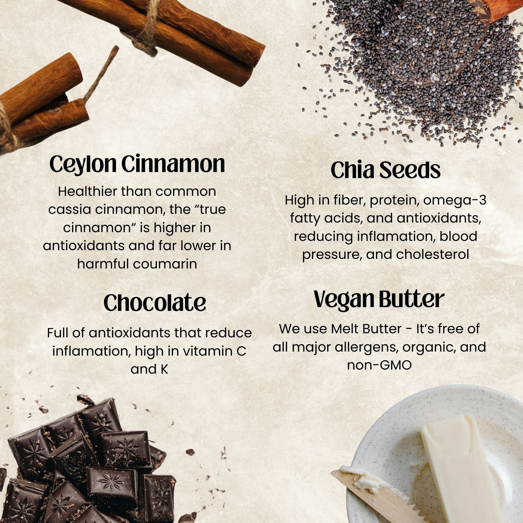 Ceylon cinnamon, chia seeds, chocolate, and vegan butterwith health benefits text on a beige background