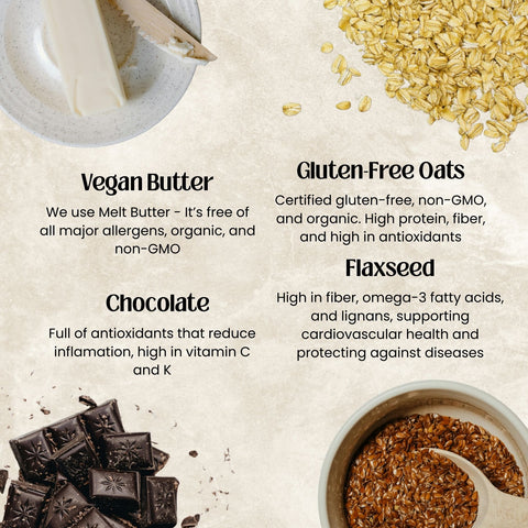 Vegan butter, gluten-free oats, chocolate, and flaxseed with health benefits text on a beige background