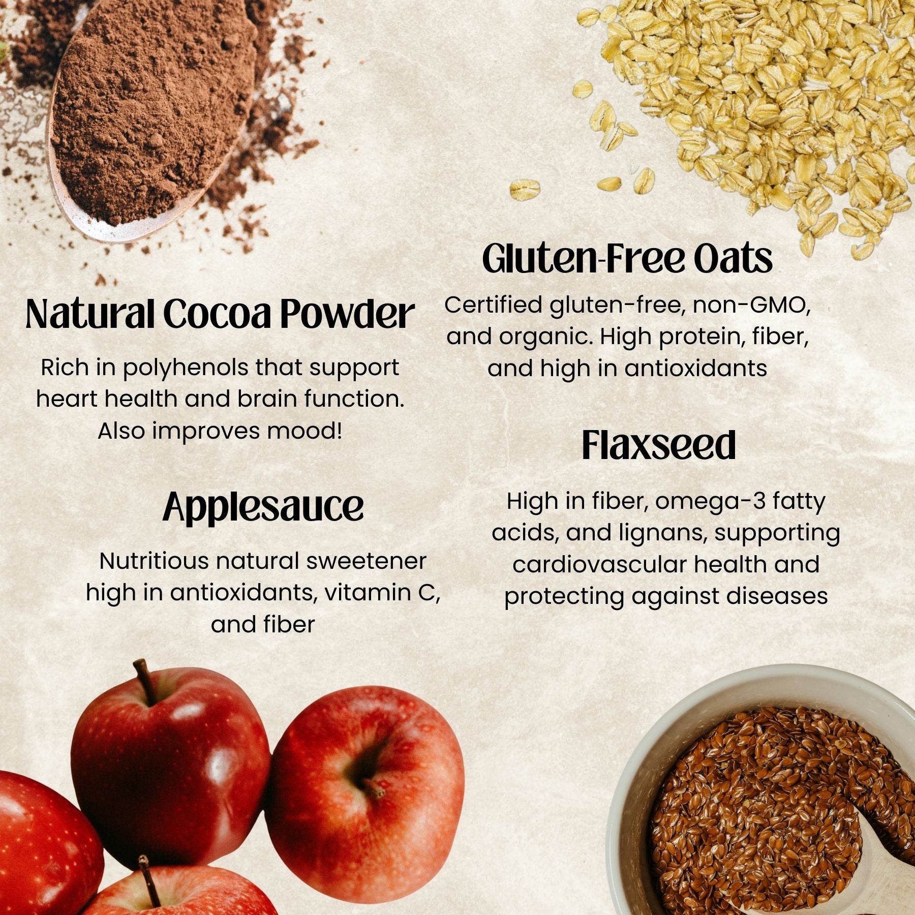Cocoa powder, gluten-free oats, applesauce, and flaxseed with health benefits text on a beige background