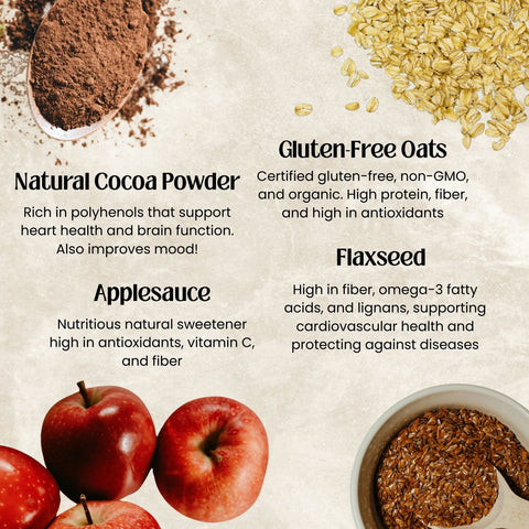 Cocoa powder, gluten-free oats, applesauce, and flaxseed with health benefits text on a beige background