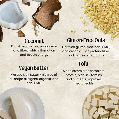 Nutritional information card with coconut, gluten-free oats, vegan butter, and tofu on a beige background.