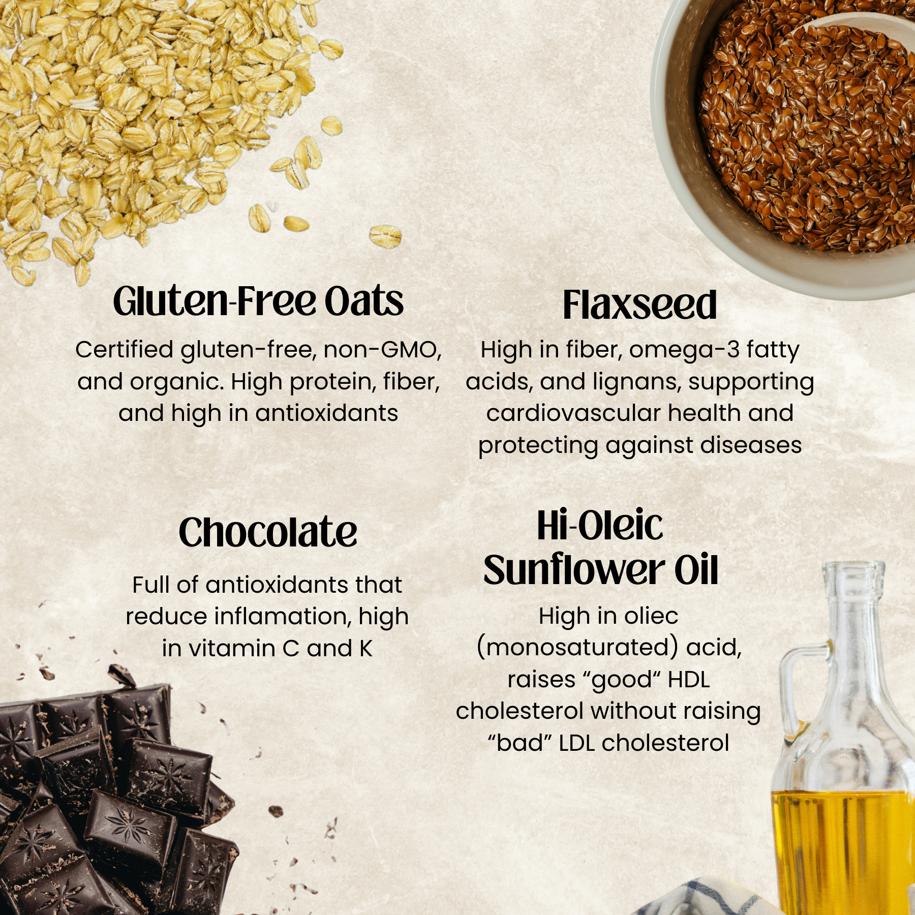Gluten-free oats, flaxseed, chocolate, and hi-oleic sunflower oil with nutritional information on a beige background
