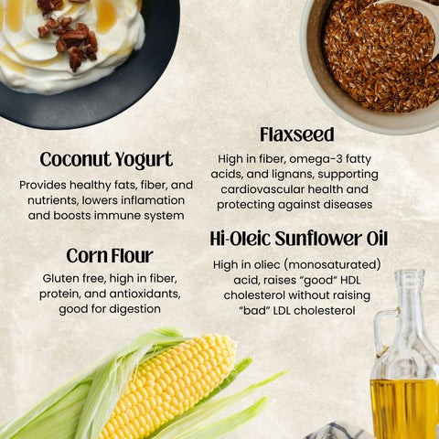Nutritional information card with coconut yogurt, flaxseed, corn flour, and sunflower oil on a textured beige background.