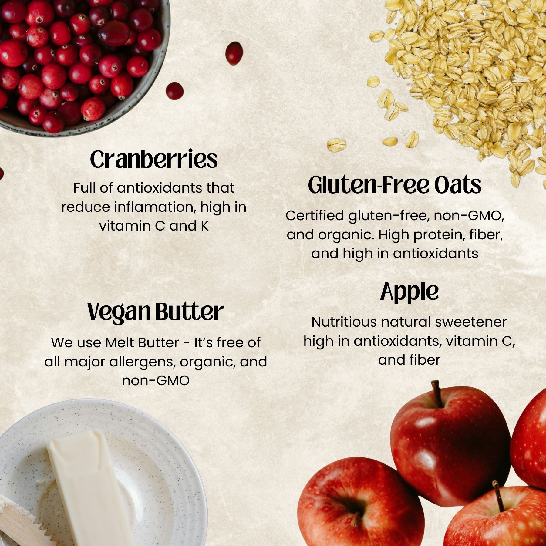 Cranberries, gluten-free oats, vegan butter, and apples on a beige background with text about their health benefits.