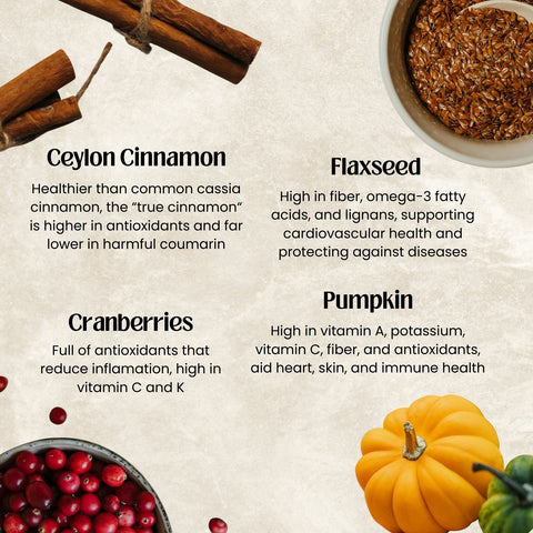 Health benefits of Ceylon cinnamon, flaxseed, cranberries, and pumpkin on a textured background.