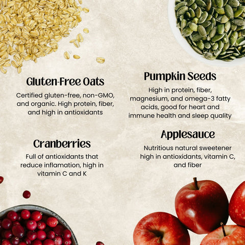 Gluten-free oats, pumpkin seeds, cranberries, and applesauce with health benefits text on a beige background