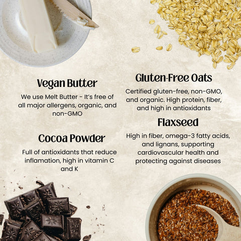 Ingredients including vegan butter, gluten-free oats, cocoa powder, and flaxseed with text describing their benefits.