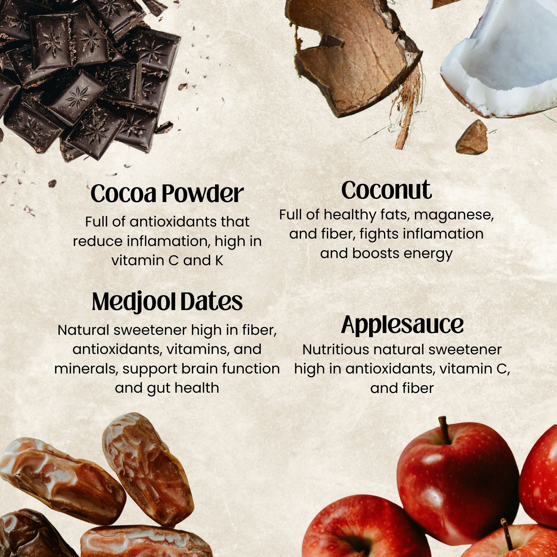 Cocoa powder, coconut, medjool dates, and applesauce with health benefits text on a beige background