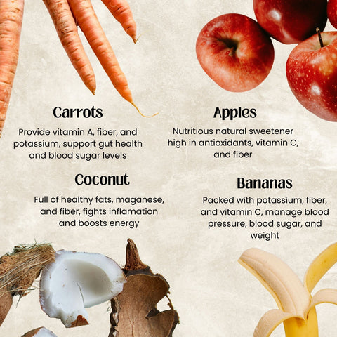 Carrots, apples, coconut, and bananas with health benefits on a textured background