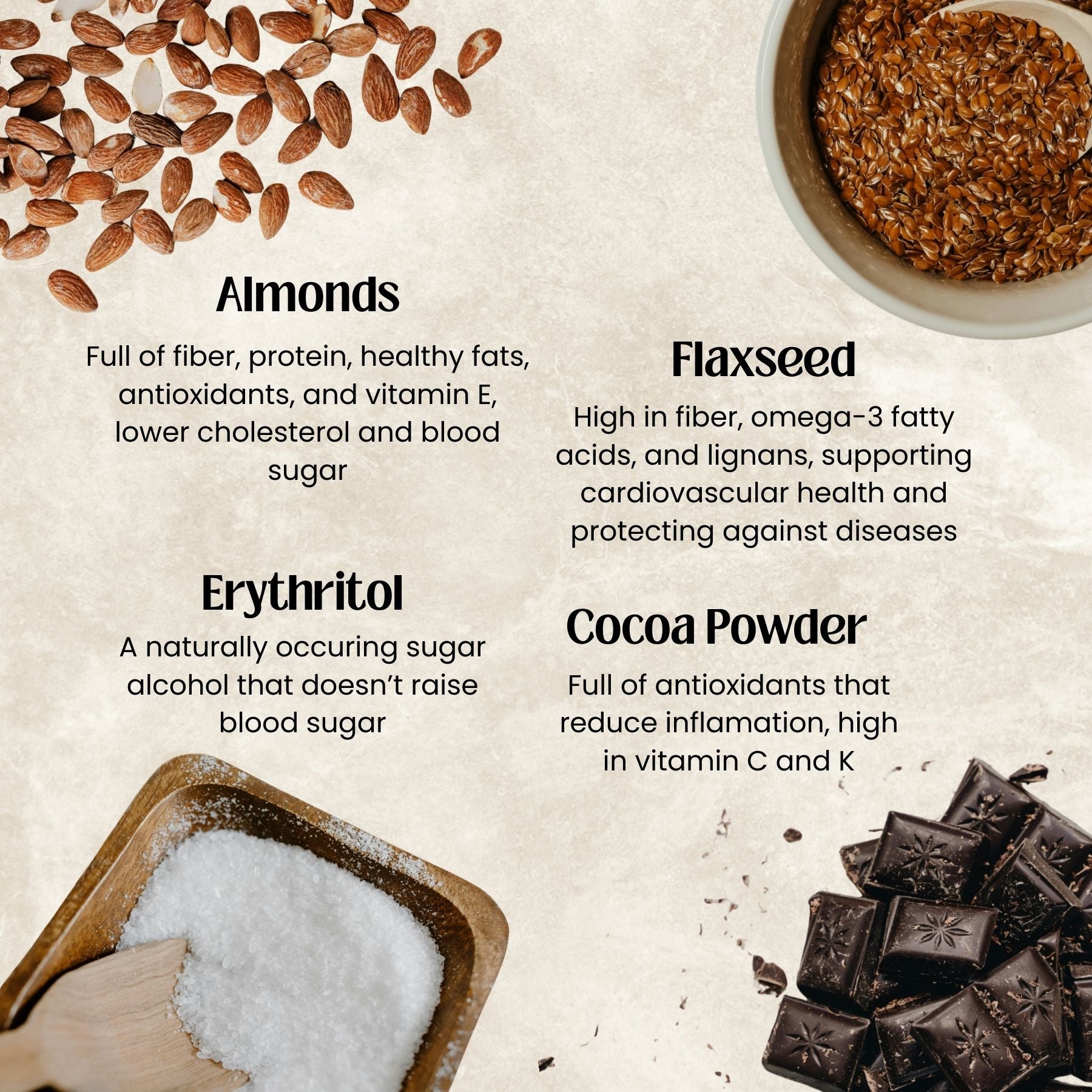 Nuts, flaxseed, erythritol, and cocoa powder with health benefits text on a beige background