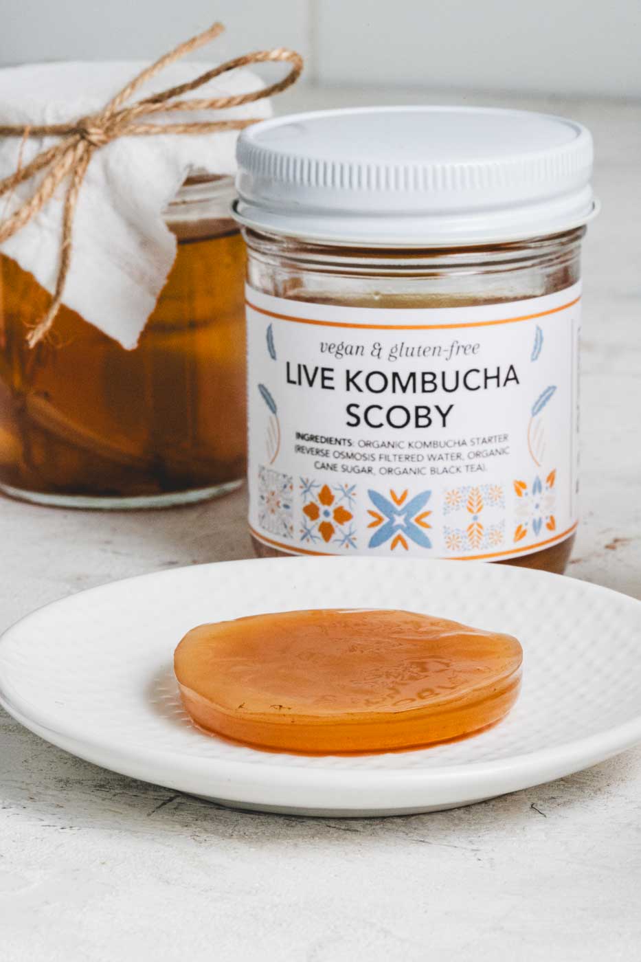 Jar labeled live kombucha scoby with a scoby on a white plate in front of it and another jar in the background