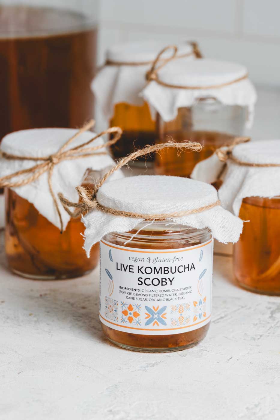 Jars of kombucha with a live scoby, labeled and with cloth covers tied with twine, on a kitchen counter.