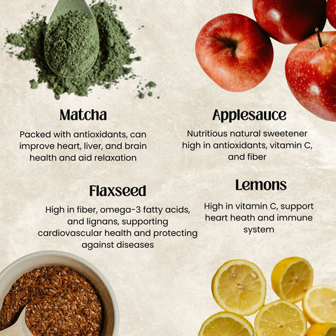 Health benefits of matcha, applesauce, flaxseed, and lemons on a textured beige background.