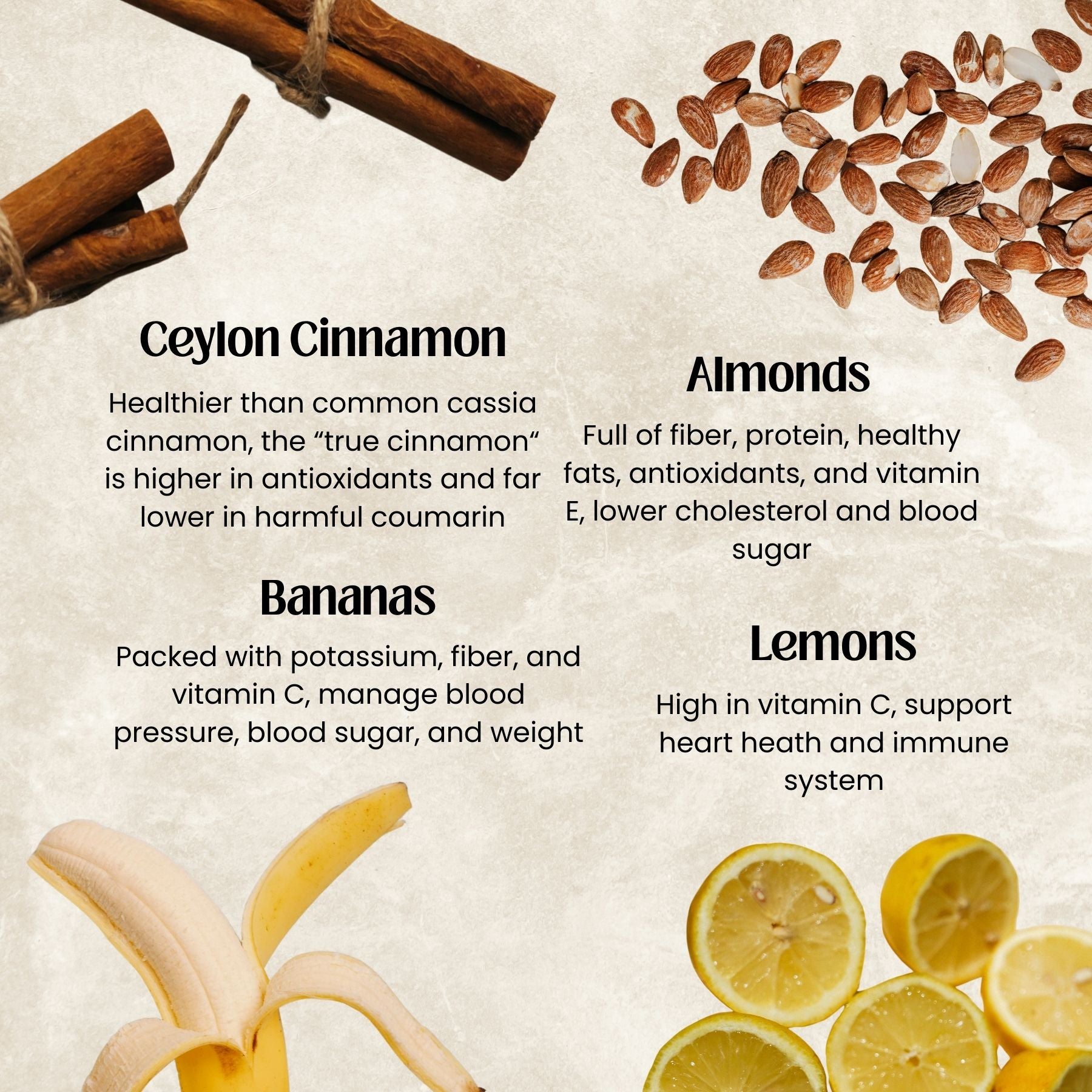 Health benefits of Ceylon cinnamon, almonds, bananas, and lemons on a textured background.