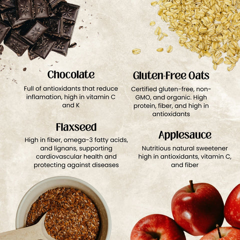 chocolate, gluten-free oats, flaxseed, and applesauce with health benefits text on a beige background