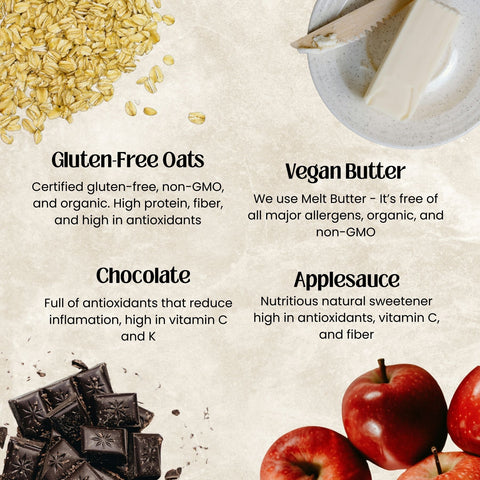 Gluten-free oats, vegan butter, chocolate, and applesauce with health benefits text on a beige background