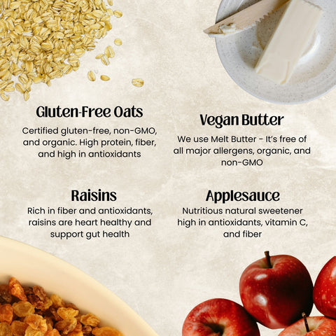 Gluten-free oats, vegan butter, raisins, and applesauce with health benefits text on a beige background