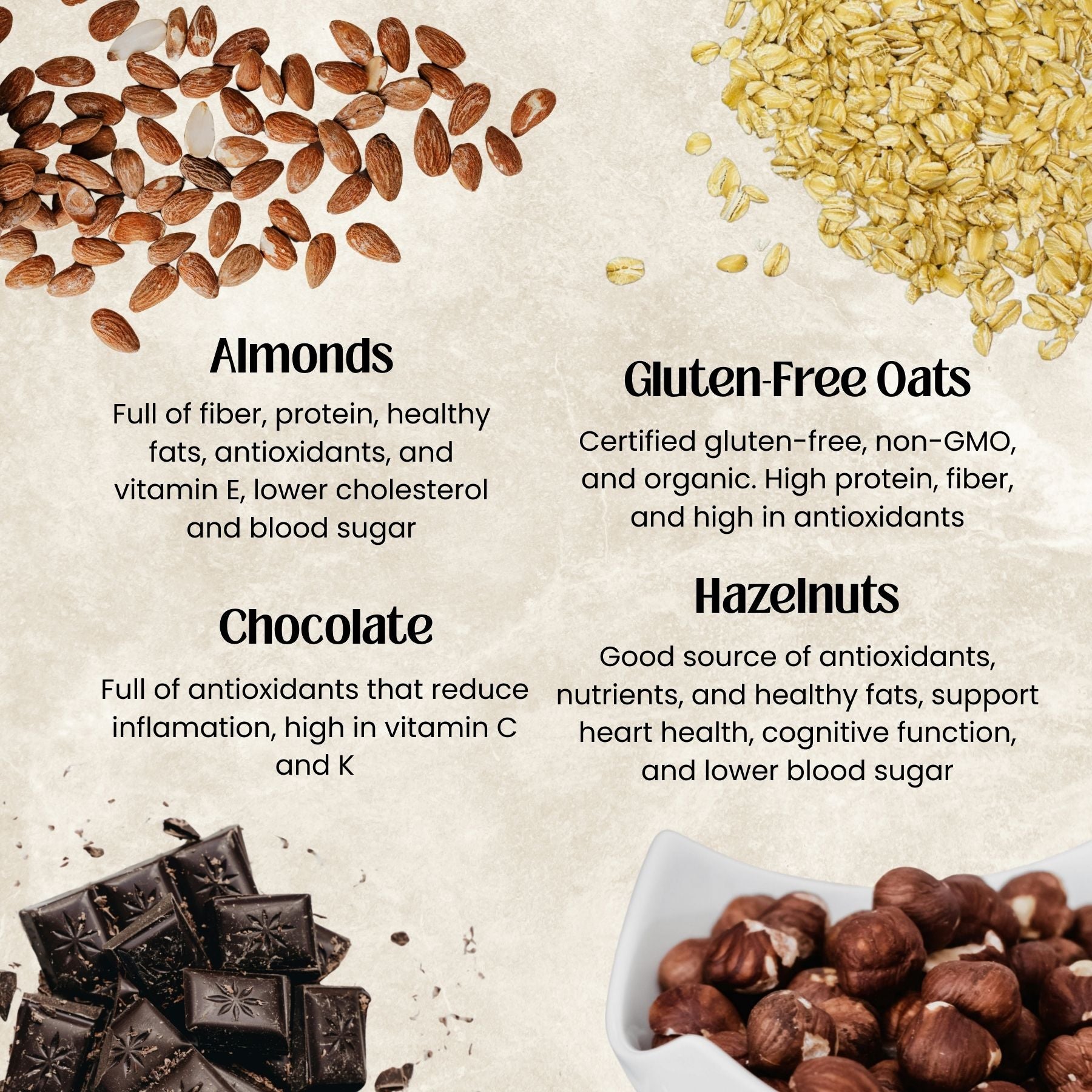 Almonds, gluten-free oats, chocolate, and hazelnuts with health benefits text on a beige background