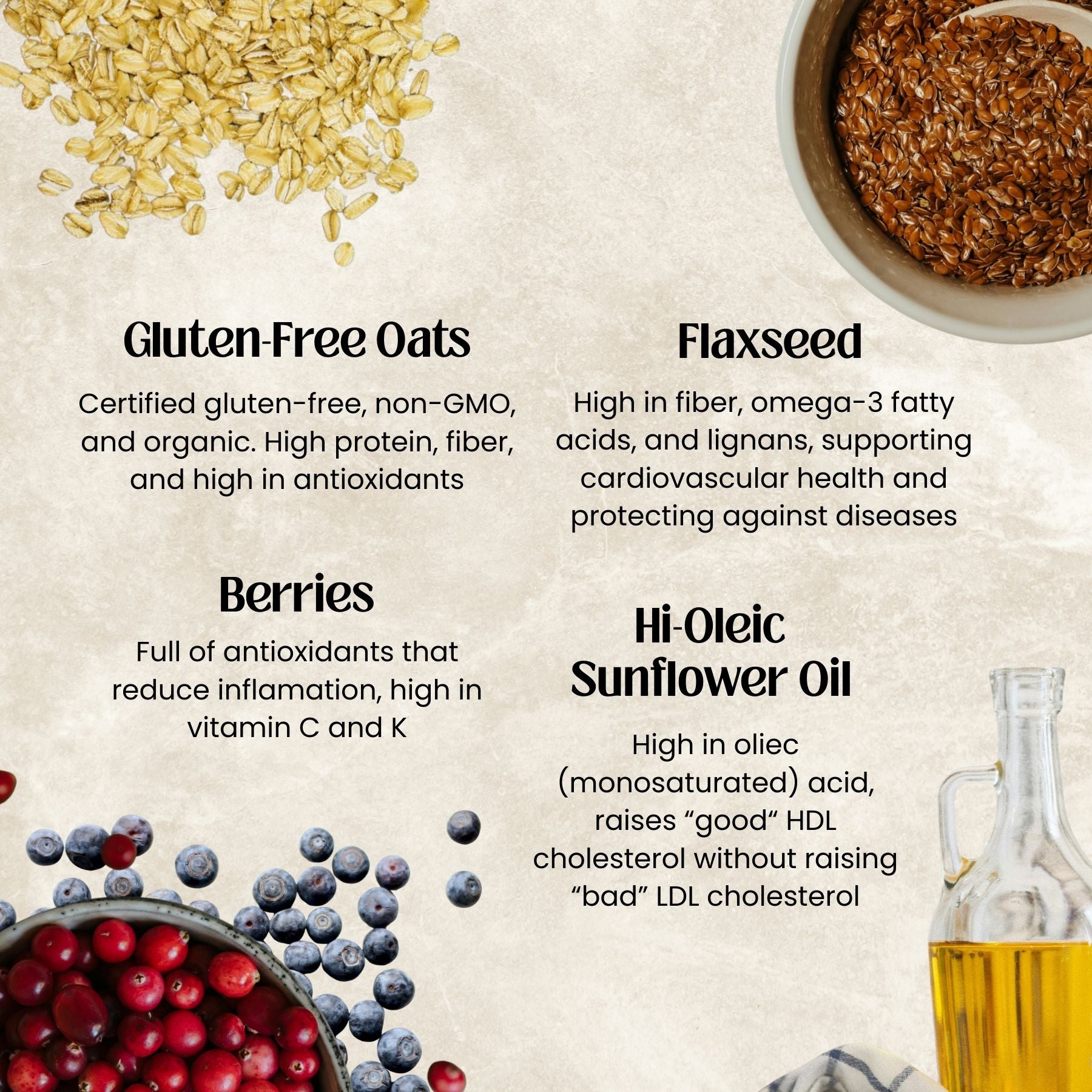 Oats, flaxseed, berrie, and hi-oleic sunflower oil with health benefits text on a beige background