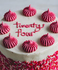 A decorated cake with the words 'Twenty four' written on it in icing, surrounded by pink frosting dollops on a white background. The side of the cake is rolled in pink and white sprinkles.