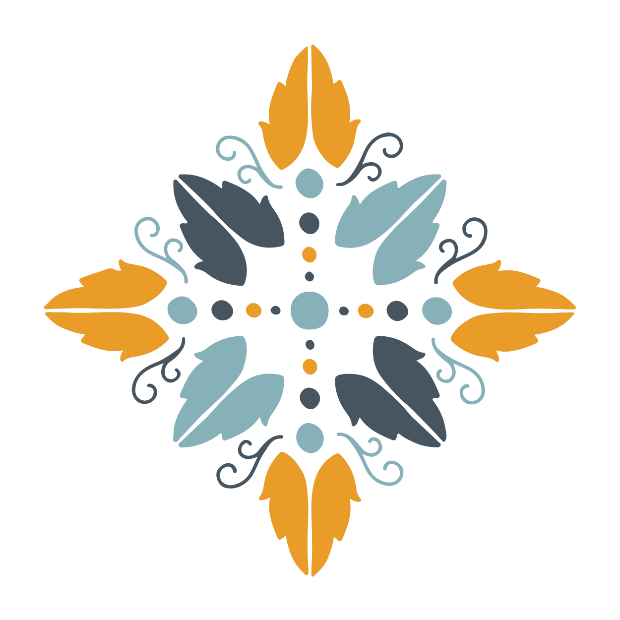 Decorative pattern with leaves and swirls in blue and orange