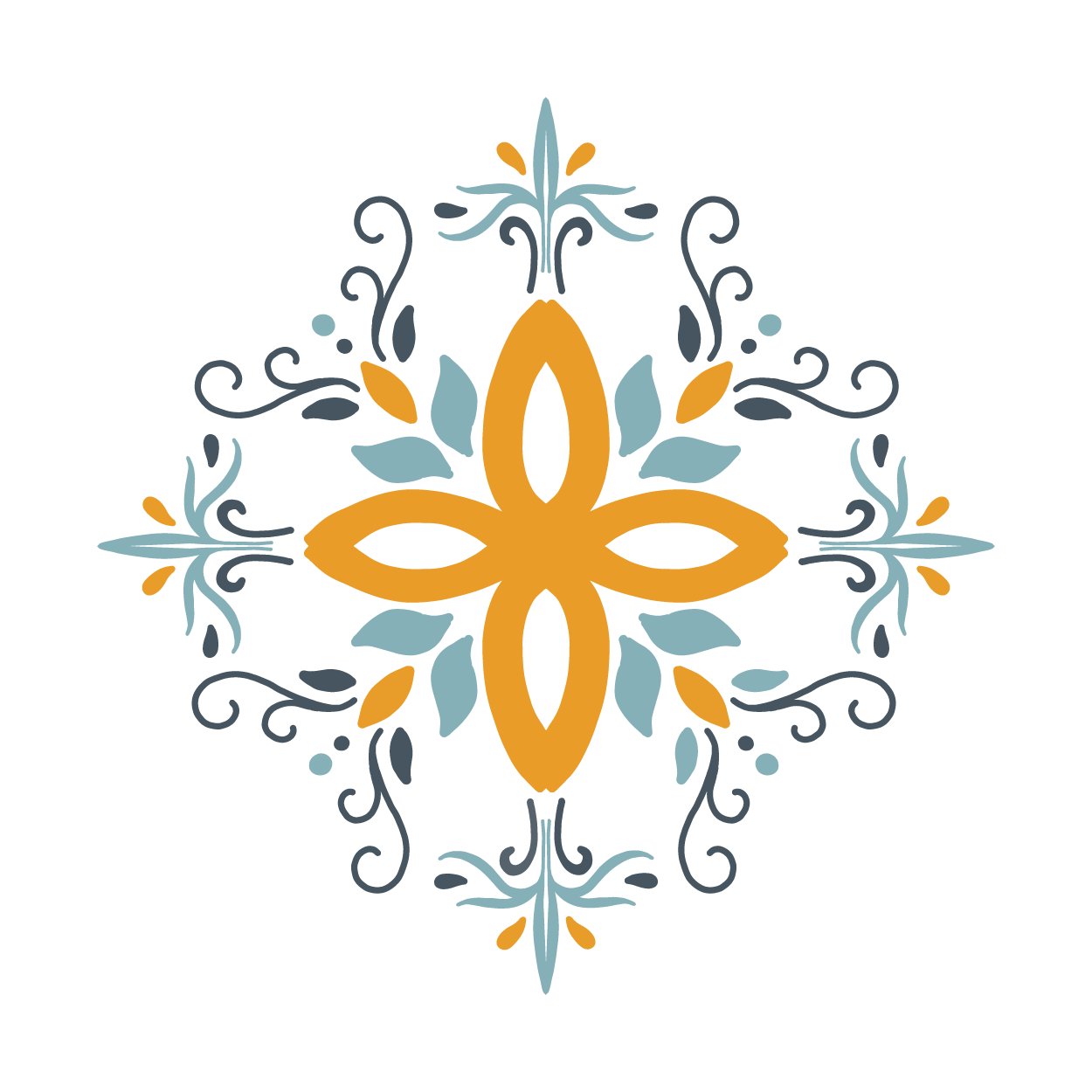 Decorative pattern with leaves and swirls in blue and orange