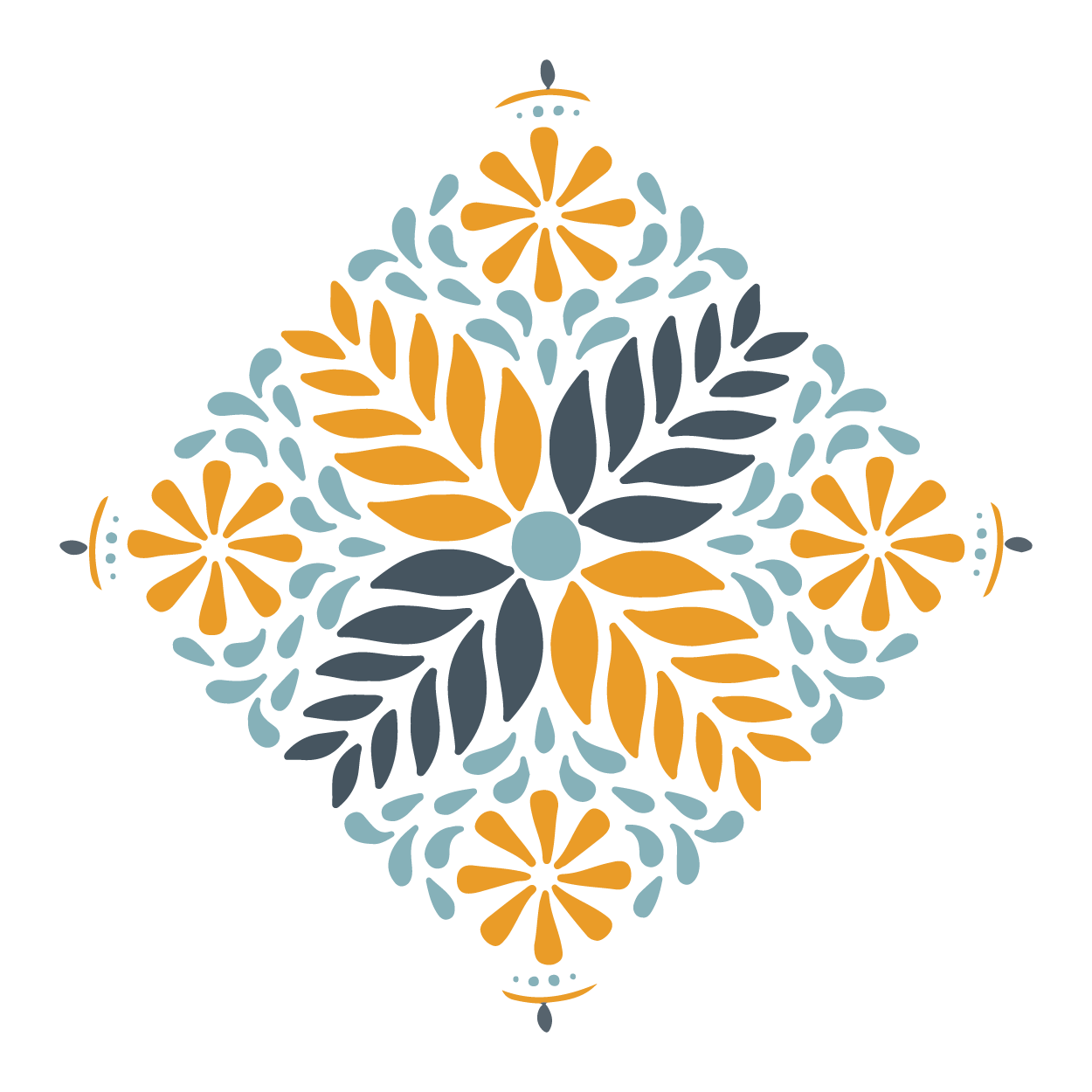 Decorative pattern with leaves and swirls in blue and orange