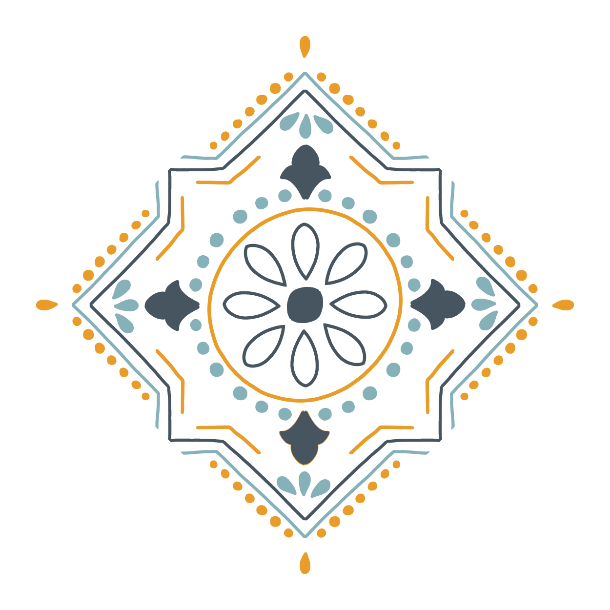 Decorative geometric pattern in blue and orange with floral center on a white background