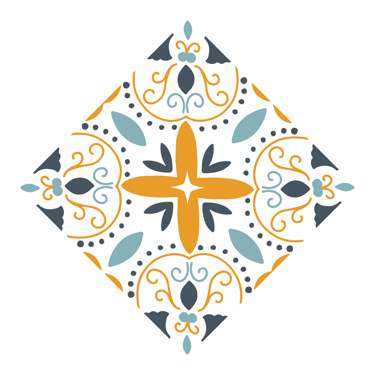 Decorative pattern with leaves and swirls in blue and orange