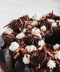 Close-up of a cocoa bean bundt cake decorated with chocolate and vanilla frosting swirls and chocolate shavings.