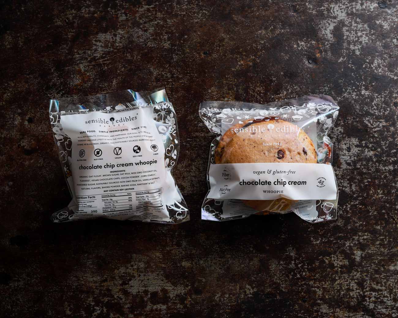 Packaged chocolate chip cream whoopie pies with nutritional information.