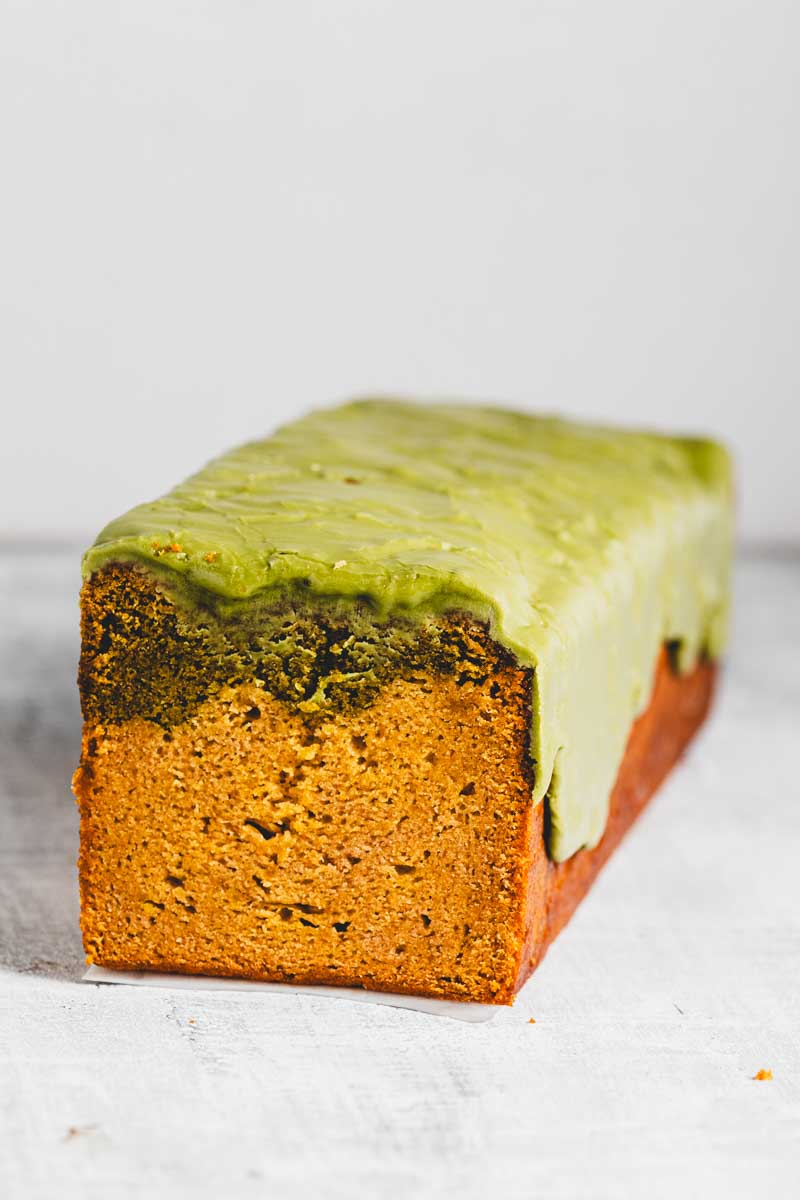 lemon matcha loaf with matcha glaze