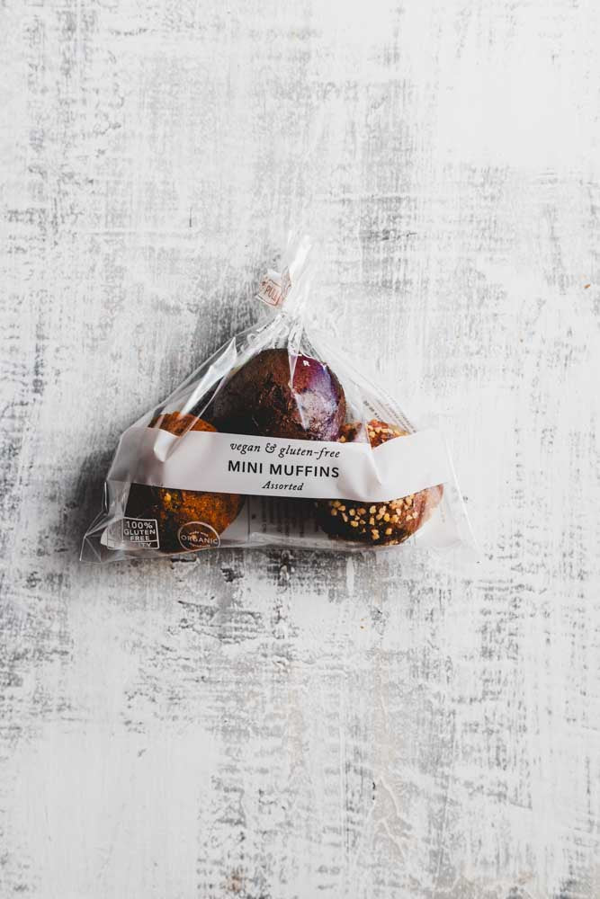A plastic package of vegan & gluten free mini muffins