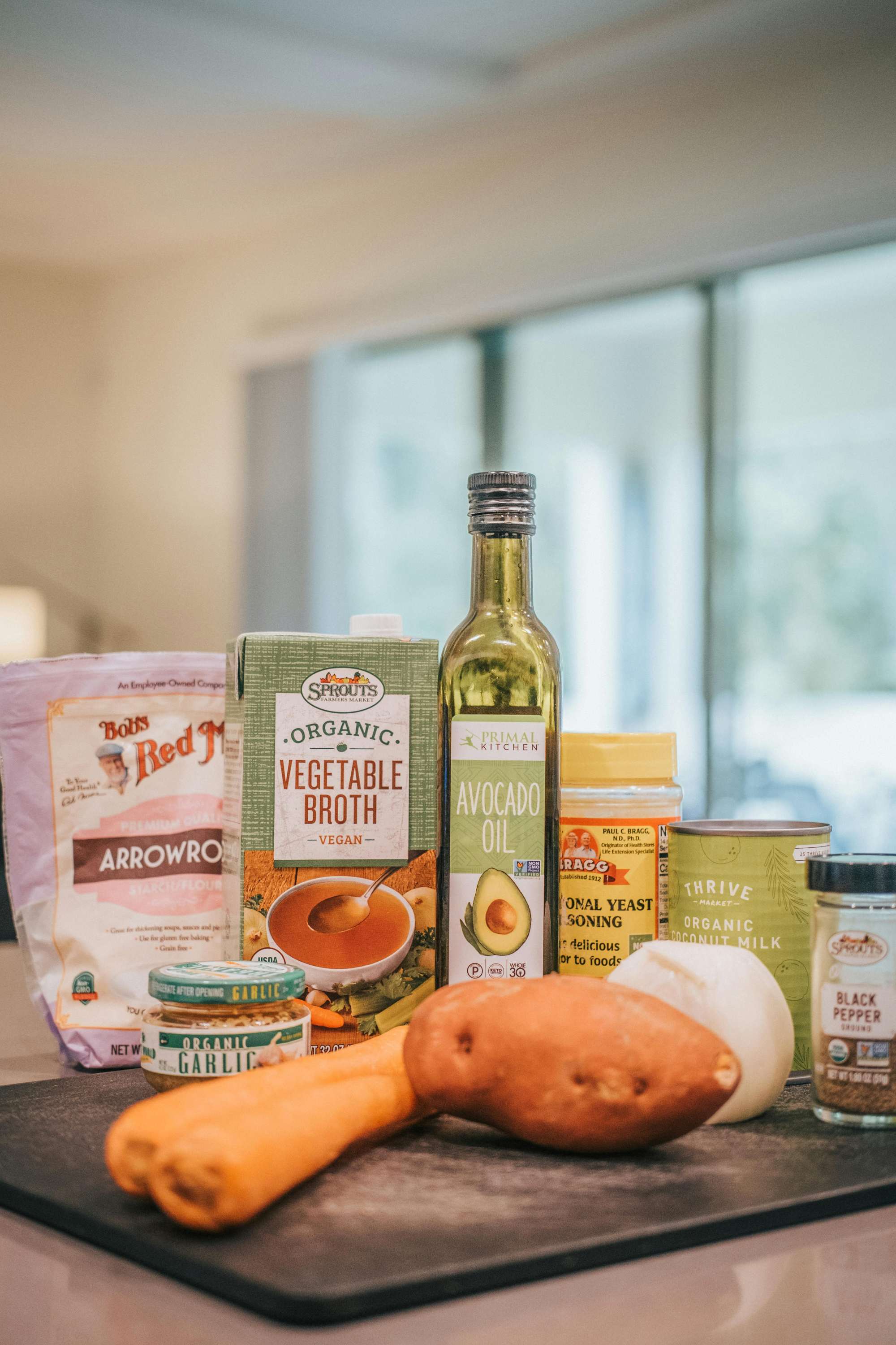 Various healthy products with claims on their labels such as organic and non gmo