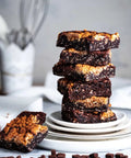 Vegan & Gluten-Free Oatmeal Brookie Bars Stacked Tower on White Plate