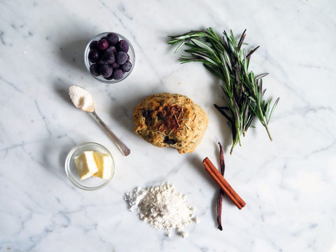 Vegan & Low-Sugar Blueberry Rosemary Scone Ingredients on Marble