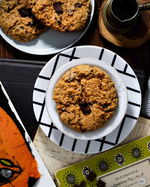 Vegan & Gluten-Free Oatmeal Chocolate Cookie on black and white plate