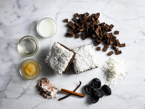 Vegan & Gluten-Free German Brownie with Ingredients with Coconut Flakes